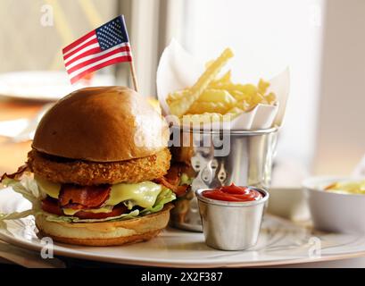 hamburger und Pommes für den Unabhängigkeitstag Stockfoto