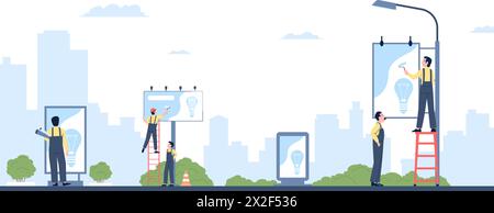 Außenwerbung in der Stadt. Werbetafeln auf der Straße, Mitarbeiter wechseln und installieren Werbetafeln. Städtisches Marketing, städtischer Service, neuere Vektorszene Stock Vektor