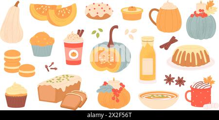 Kürbis-Gewürzsaison. Aromatisierte Getränke, Speisen und Desserts. Saisonale süße Kuchen und Kaffee-Latte. Isolierte Herbsternte-Vektorsammlung Stock Vektor