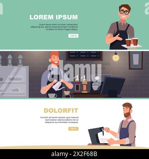 Barista Banner mit Bildern von Kaffeeautomaten, die in Cafés leckere heiße Getränke trinken Stock Vektor
