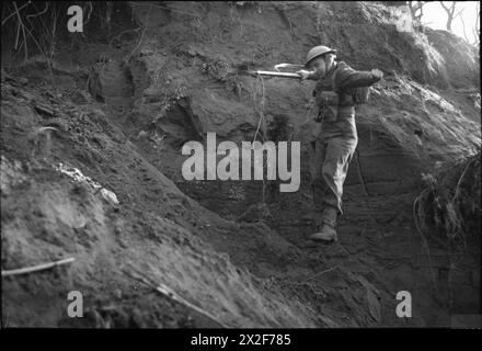 BELGISCHE KOMMANDOS IN AUSBILDUNG, Großbritannien, 1945 - Ein Soldat des 2. Bataillons, 2. Belgische Brigade springt im Rahmen seiner Kommandoausbildung irgendwo in Großbritannien einen steilen bewaldeten Hang hinunter Stockfoto