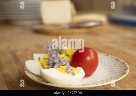 Zusammensetzung gekochter Eier Tomaten und Blumen Stockfoto