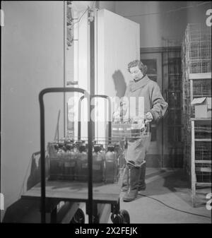 BLUTTROCKNUNGSANLAGE: BLUTVERARBEITUNG IM LABOR, CAMBRIDGE, ENGLAND, Großbritannien, 1943 - Ein Mitarbeiter der Bluttrocknungsanlage der Universität Cambridge trägt eine Kiste mit gefiltertem Plasma in den Spin-Gefrierraum, wo es vor dem Trocknen eingefroren wird. Sie trägt Flugausrüstung und Handschuhe, um sie vor der Kälte des Gefrierraums zu schützen Stockfoto