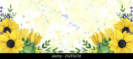 Aquarellsonnenblume mit Blattzweigen und gypsophila in der Komposition. Bunte Blumen. Zur Dekoration von Schönheitspostkarten und Landwirtschaft Stockfoto