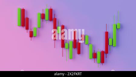 Grüne und rote Trading Financial Candlesticks Pattern Chart auf rosa und blauem Hintergrund. 3D-Rendering Stockfoto