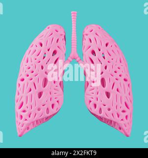 Pinkes abstraktes Lungen-Organ-Modell im Duotone-Stil auf blauem Hintergrund. 3D-Rendering Stockfoto
