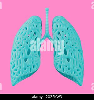 Blaues abstraktes Lungen-Organ-Modell im Duotone-Stil auf rosa Hintergrund. 3D-Rendering Stockfoto