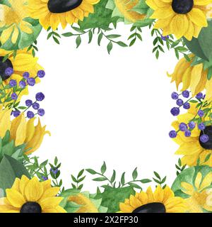 Ein Rahmen aus Aquarell-Sonnenblumen mit Blättern und Zweigen von gypsophila. Einzelne Elemente werden von Hand gezeichnet. Für Save the date, Mamas Day, Invitation; Stockfoto