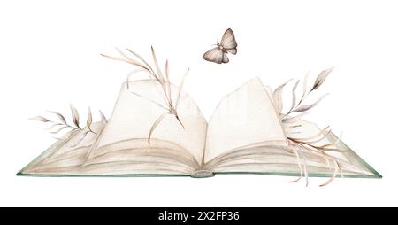 Offenes Buch mit Pflanzen und Schmetterling Aquarellillustration isoliert auf weißem Hintergrund. Bücher in grünen Farben mit einer fabelhaften Geschichte. Alt Stockfoto