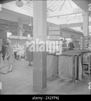 Ein BILD Einer SÜDLICHEN STADT: LIFE IN WARTIME READING, BERKSHIRE, ENGLAND, UK, 1945 - Eine allgemeine Sicht der Postsortierung im GPO (General Post Office). Der Originalüberschrift zufolge werden pro Woche 654.000 Briefe und 18.000 Pakete zugestellt, pro Woche 700.000 Briefe und 20.000 Pakete zugestellt; 1.313.000 Briefe und 101.475 Pakete werden an andere Büros weitergeleitet. Stockfoto