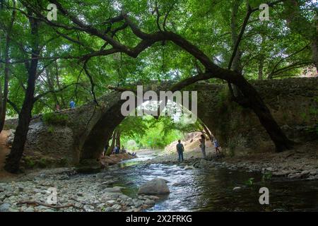 Die alte venezianische Brücke von Kelefos (oder „Tzielefos“), zwischen Agios Nikolaos und Platres Dörfern, Troodos Berg, Bezirk Lemesos Zypern Stockfoto