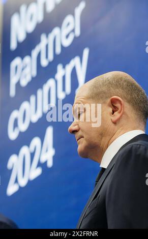 Hannover, Deutschland. April 2024. OLAF Scholz (SPD), Bundeskanzler, anlässlich der Eröffnung der Hannover Messe Hannover, 22. April 2024. Quelle: dpa/Alamy Live News Stockfoto