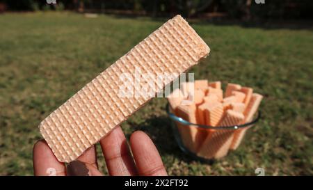 Leckere Wafer-Kekse, serviert in einer transparenten Schüssel. Waffeln mit Orangengeschmack süß und knusprig Stockfoto