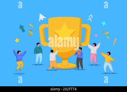 Erfolg Des Geschäftsteams, Leistungskonzept. Flache Menschen Charaktere mit Preis, Golden Cup. Büroangestellte feiern mit Big Trophy. Vektorgrafik Stock Vektor