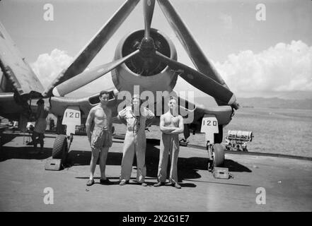 WIR SERVIEREN MIT DEN ERHABENEN. APRIL 1945, AN BORD DES BRITISCHEN FLUGZEUGTRÄGERS HMS ILLUSTROUS, DER IN OSTGEWÄSSERN EINGESETZT WIRD. - Sub Lieut (A) Matt Barbour, RNZNVR, Wellington, Neuseeland und Wartungsteam. Von links nach rechts: AME Dennis Wakefield, East Ham, London; AMA G A Ogden, Widnes, Lancs Stockfoto