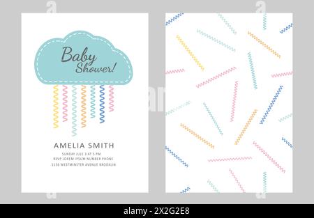 Babydusche Einladungsvorlage mit niedlichen Wolken und Regenbogen. Stockfoto