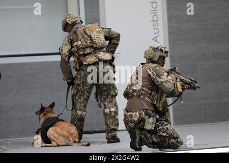 Ein Kommandotrupp des Kommandos Spezialkräfte KSK in der Ausbildungshalle mit einem mitgeführten Diensthund. Bundeskanzler Olaf Scholz besucht das Kommando Spezialkräfte KSK am 05. März 2024 in Calw. Calw Baden-Württemberg Deutschland *** Eine Kommandoeinheit des Sondereinsatzkommandos KSK in der Trainingshalle mit einem Diensthund Bundeskanzler Olaf Scholz besucht das Sondereinsatzkommando KSK am 05. März 2024 in Calw Calw Baden-Württemberg Deutschland Stockfoto