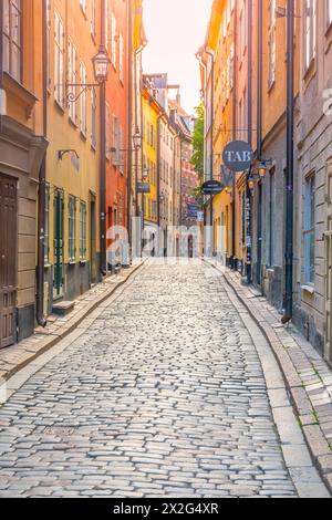 Eine enge, sonnenbeschienene Kopfsteinpflasterstraße, gesäumt von farbenfrohen historischen Gebäuden in der Altstadt von Gamla Stan, Stockholm, Schweden, an klaren Tagen. Stockfoto