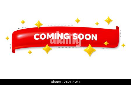 Demnächst erhältlich. Werbebanner-Schild. Rotes 3D-Band. Vektor Stock Vektor