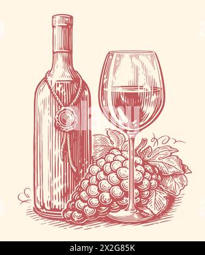 Weinflasche und Weinglas, Traube. Skizze des Weinguts. Handgezeichnete Vintage-Vektor-Illustration Stock Vektor