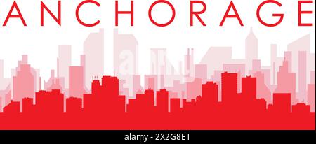 Rotes Poster mit Panoramablick auf die Skyline der Stadt von ANCHORAGE, USA Stock Vektor