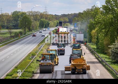 Wesel, Nordrhein-Westfalen, Deutschland - Straßenbau, Asphaltfertiger und Straßenwalzen legen neuen Asphalt auf der Autobahn A3 an, monatelange Renovierung Stockfoto