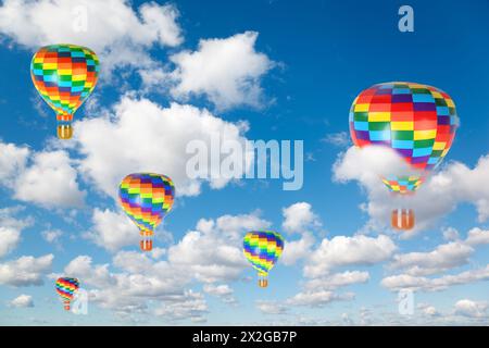 Heißluftballons auf weißen, flauschigen Wolken in blauer Himmelscollage Stockfoto