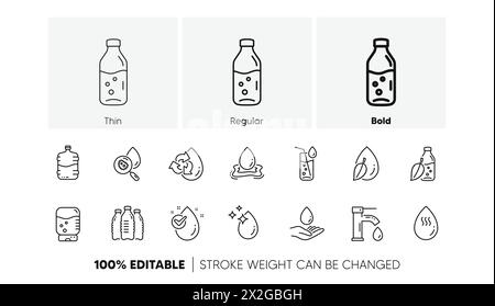 Symbole für Wassertropflinien. Flasche, antibakterieller Filter und Leitungswasser. Lineare Symbolgruppe. Zeilensymbole. Vektor Stock Vektor