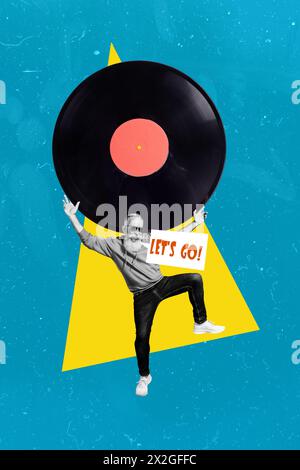 Trend-Artwork Composite-Foto-Collage aus schwarz-weißer Silhouette junger Mann Break Pull Bein Vinyl Musik spielen Kassettenspieler Retro Vintage Stockfoto