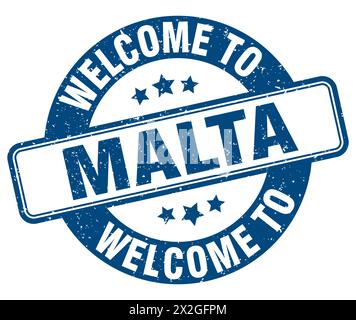 Willkommen bei Malta STAMP. Malta rundes Schild isoliert auf weißem Hintergrund Stock Vektor