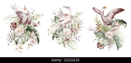 Rosa ibis mit tropischen Blumen und Blättern. Aquarellillustration eines Flamingos. Wasservögel im American Park. Stockfoto