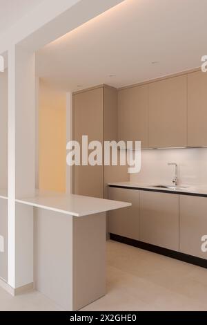 Innenraum einer neuen leeren modernen Küche in braunem Beige. Leere Wohnung, keine Möbel. Viel Liebe zum Detail. Stockfoto