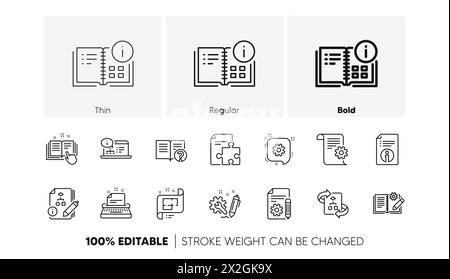 Zeilensymbole der technischen Dokumentation. Anweisung, Plan und Handbuch. Lineare Symbolgruppe. Zeilensymbole. Vektor Stock Vektor