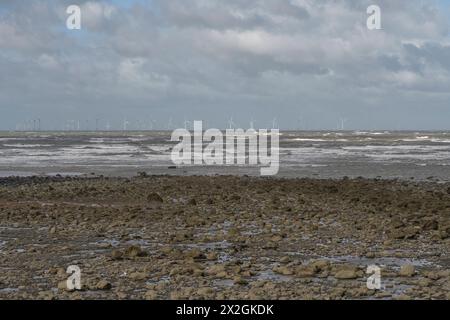 Offshore-Windturbinen am Horizont, Teil der Walney Wind Farm, Barrow-in-Furness, Cumbria Stockfoto