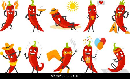 Zeichentrick-Paprika-Charaktere. Heiße Paprika, rote Chili, natürliche Gewürze. Heiße mexikanische Gemüse-Jalapeno-Kleidung Sombrero. Emotionales neoterisches Vektorset Stock Vektor