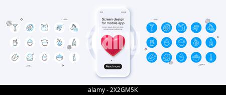 Symbole für Champagner, alkoholfrei und Food Delivery Line. Für Web-App drucken. Modell des Telefons mit 3D-Herz-Symbol. Vektor Stock Vektor