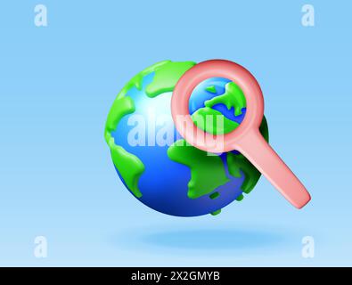 3D-Globe mit Weltkarte mit Lupe Stock Vektor