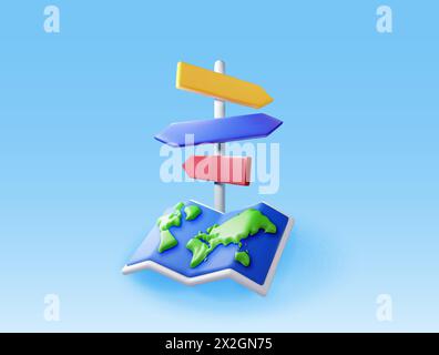 3D gefaltete Weltkarte und Wegweiser mit Wegbeschreibung Stock Vektor