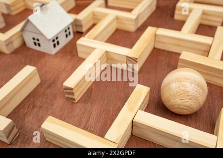 Weißes Miniaturhaus in einem Holzlabyrinth, Holzlabyrinth aus Holzblöcken und einer Holzkugel, die ein Labyrinth-Ausweg-Konzept findet, weicher Fokus aus nächster Nähe Stockfoto