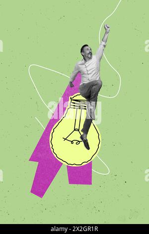 Vertikale Foto Collage Senior Mann ehrgeizige Superhelden elektrische Glühbirne Leistung eureka Smart Idea Entscheidung Zeichnung Hintergrund Stockfoto