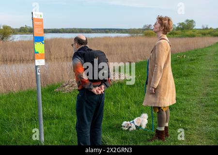 Mann und Frau lesen Informationstafel, Informationstafel, Hund, Elbfeuchtgebiete bei Bleckede, Niedersachsen, Deutschland Stockfoto