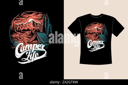 Ein schwarzes T-Shirt mit Berg und Lagerfeuer drauf. Stock Vektor