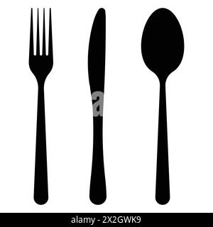 Besteck-Symbol-Set. Löffel, Gabel, Gabeln, Messer. Schwarze Silhouette. Logo-Menü. Tischgeschirr im flachen Stil. Dinner-Service-Sammlung. Vektorabbildung Stock Vektor