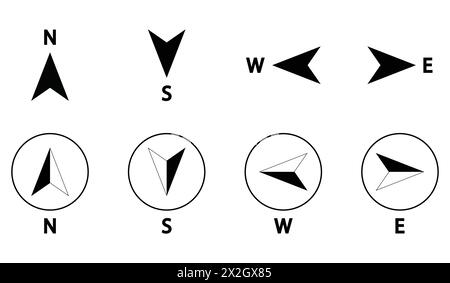 Kompasssymbole in Nord-, Süd-, Ost- und Westrichtung. Kartensymbol. Pfeilsymbol. Vier Pfeile, die in verschiedene Richtungen zeigen. Vektorabbildung. Stock Vektor