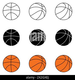 Basketballsymbol. Linien- und Glyphenversion, Kontur und gefülltes Vektorzeichen. Lineares und vollständiges Piktogramm der Gummikugel. Symbol für Sportausrüstung, Logo. Stock Vektor