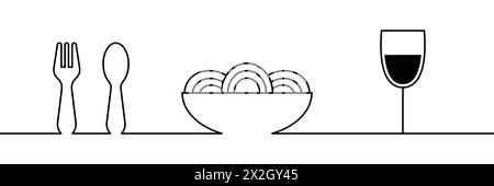 Gabel, Löffel, Spaghettischüssel, gekochte Nudeln, lange Makkaroni, Weinglas. Eine einzeilige Vektorgrafik für Restaurant, Café, Kantine, Pub. Menü Stock Vektor