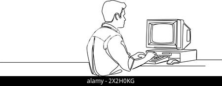 Kontinuierliche Einzeilenzeichnung eines Mannes mit einem alten PC mit crt-Monitor, Strichgrafik-Vektor-Illustration Stock Vektor