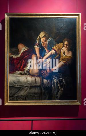 Florenz, Italien - 4. April 2024: Judith enthauptet Holofernes Ölgemälde auf Leinwand aus dem 17. Jahrhundert von Artemisia Gentileschi in den Uffizien Gal Stockfoto