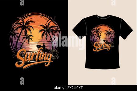 Ein schwarzes T-Shirt mit einer Palme und einem Surfer. Stock Vektor