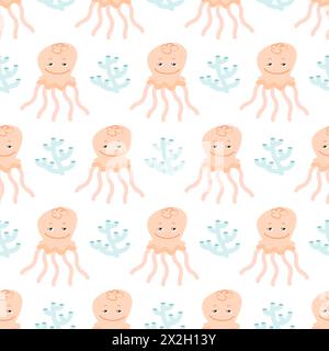 Nahtlose Vorlage für Quallen. Trendiges Meeresbewohner-Muster für Geschenkpapier, Tapeten, Aufkleber, Textilien. Stock Vektor